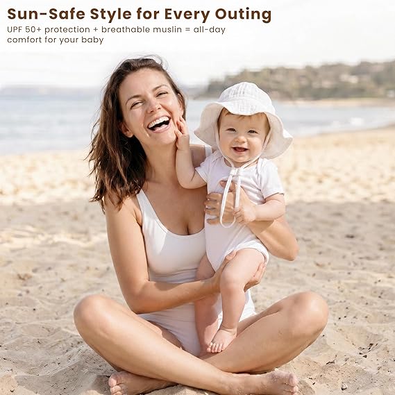 Konssy Muslin Baby Sun Hat 2-Pack, UPF 50+ Sun Protection Wide Brim Summer Beach Hat, Bucket Hat for Girls and Boys