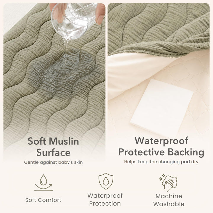 Konssy 2 Pack Quilted Muslin Changing Pad Cover, Waterproof Layer 32" x 16" - Seafoam - image 5