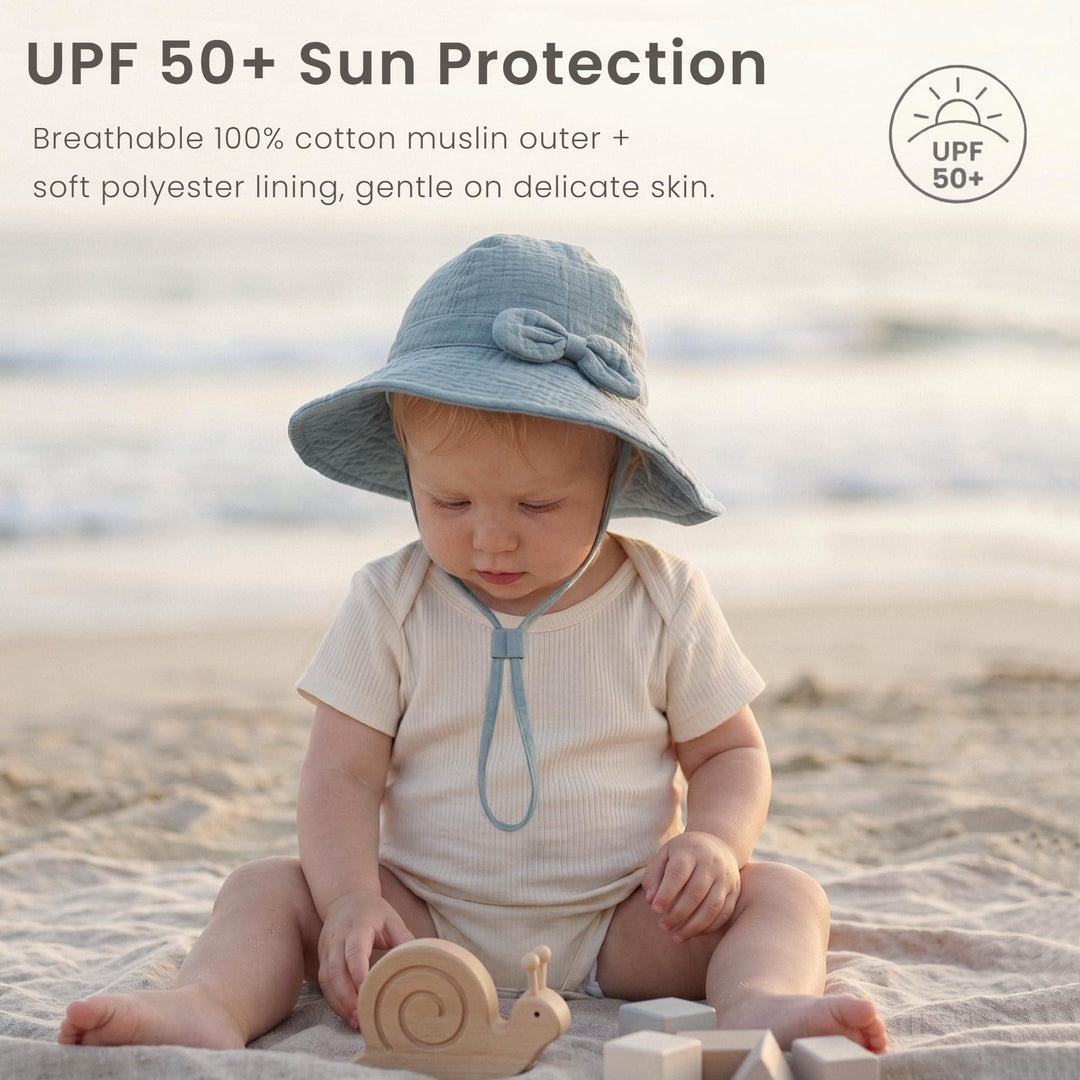 Konssy 2-Pack Muslin Baby Sun Hats for Girls with Bows, UPF 50+ - Grey Stripe Blue - image 2