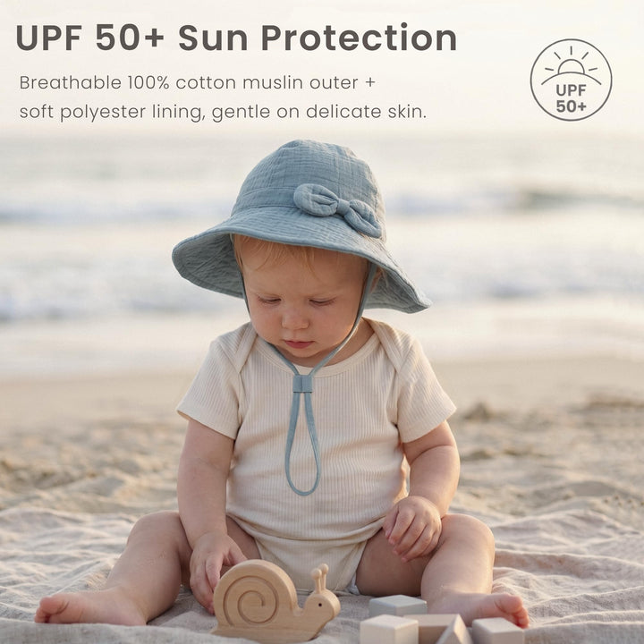 Konssy 2-Pack Muslin Baby Sun Hats for Girls with Bows, UPF 50+ - Grey Stripe Blue - image 2