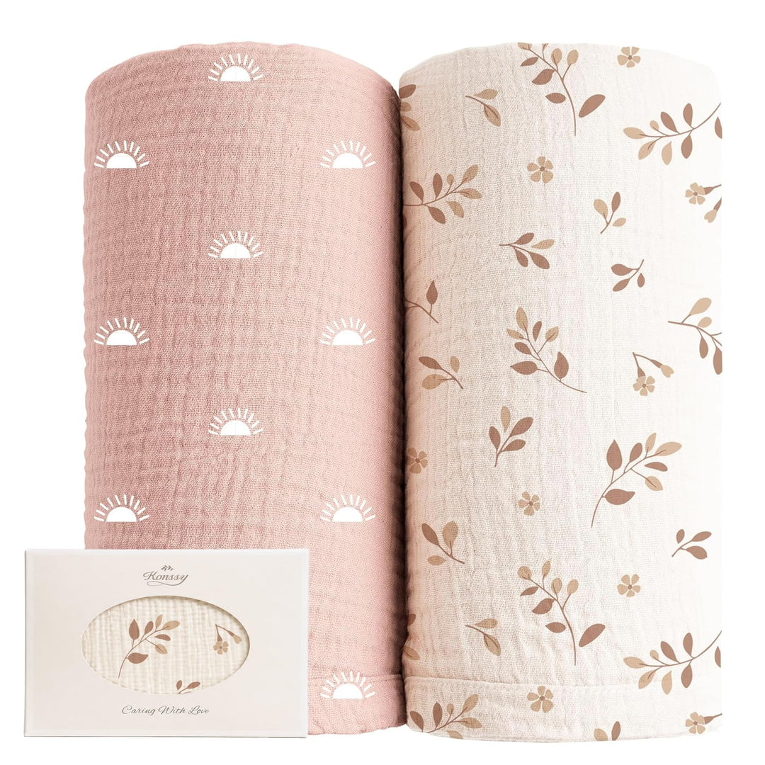 Konssy Muslin Swaddle Blankets, 100% Cotton Receiving Blankets, 47"x 47" - Pink Sun,Khaki Leaf - image 1