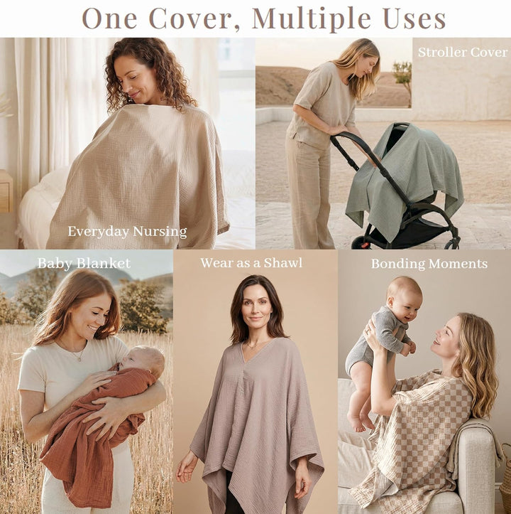 Konssy Muslin Nursing Cover for Breastfeeding, 360° Full Privacy Breathable 100% Cotton Breastfeeding Cover, Multi-use Carseat Canopy