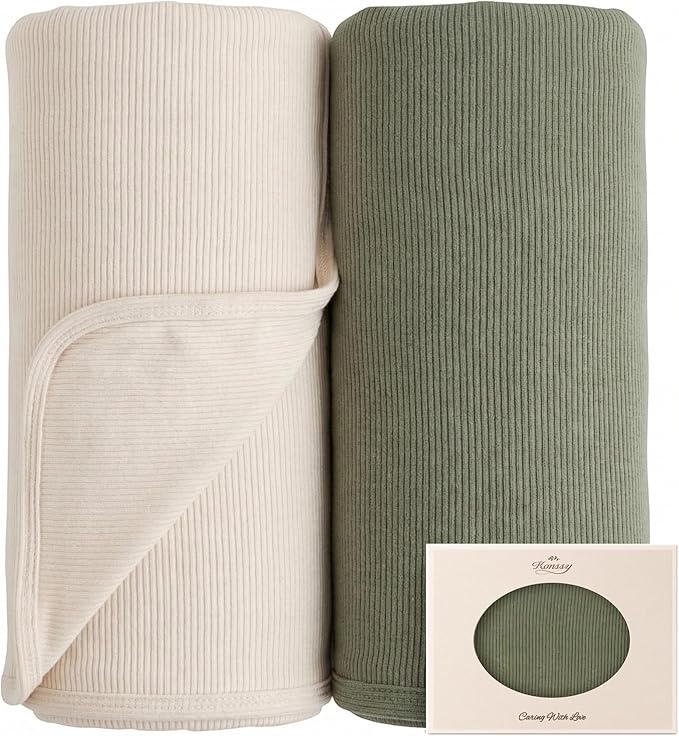 Konssy Ribbed Knit Baby Blankets 2 Pack, Stretchy Lightweight Swaddle Blanket for Boys & Girls, Soft Cozy Receiving Wrap for Newborns, Infants, & Toddlers, 33x42 Inch