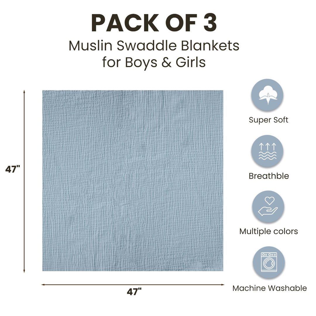 Konssy 3-Pack Muslin Baby Swaddle Blankets, 47 x 47 In Receiving Blankets - Star - image 7