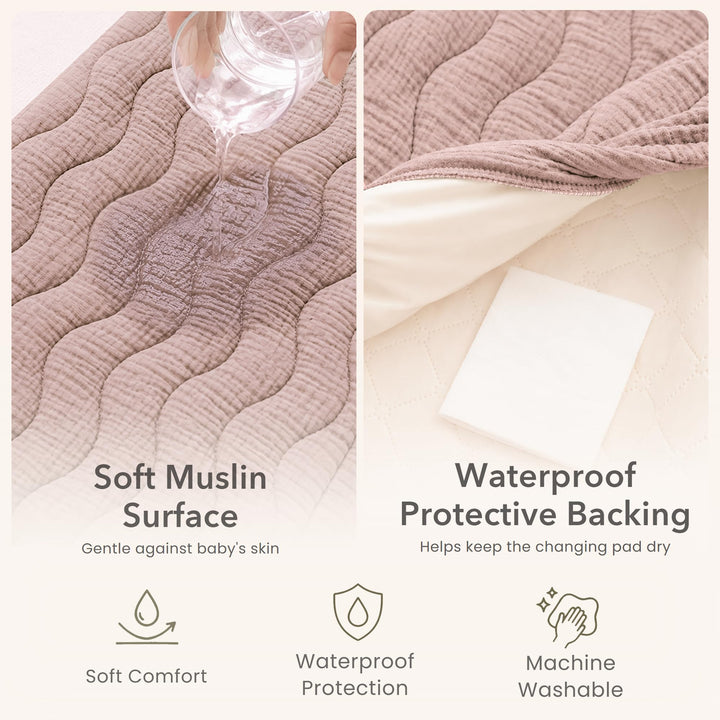 Konssy 2 Pack Quilted Muslin Changing Pad Cover, Waterproof Layer 32" x 16" - Biscotti - image 5