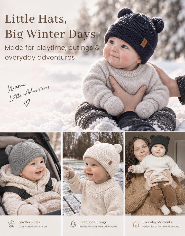 Konssy 4 Pack Baby Beanies with Bear Ear Winter Hat for Newborn 0-6 Months - Navy - image 3