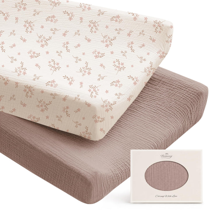 Konssy 100% Cotton Muslin Changing Pad Cover 2 Pack, 32"x16" Standard Fit - Soft Blooms,Taupe - image 1