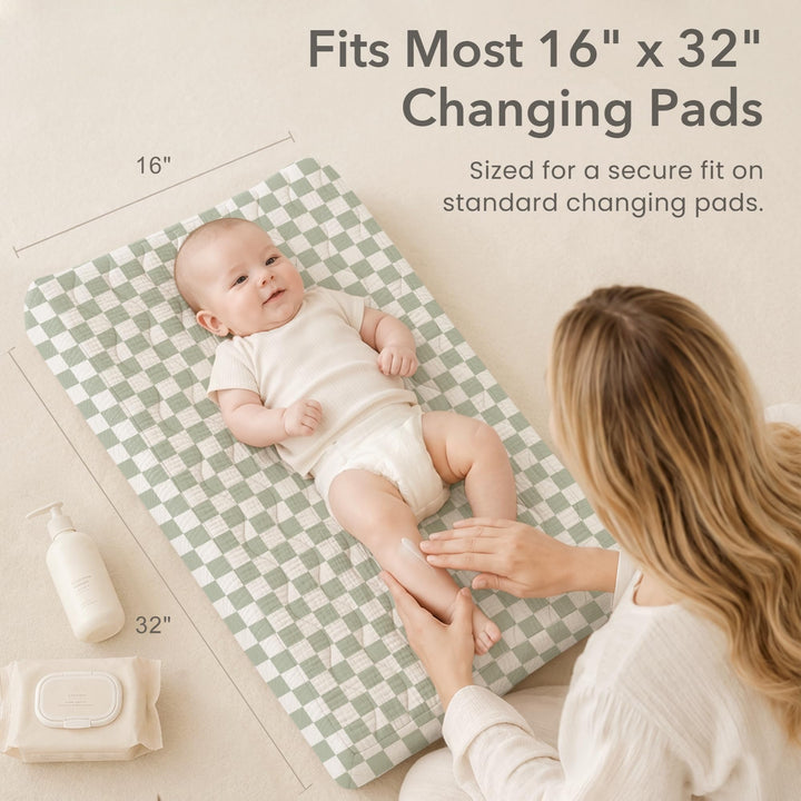 Konssy 2 Pack Quilted Muslin Changing Pad Cover, Waterproof Layer 32" x 16" - Sage Green,Baby Green Plaid - image 7