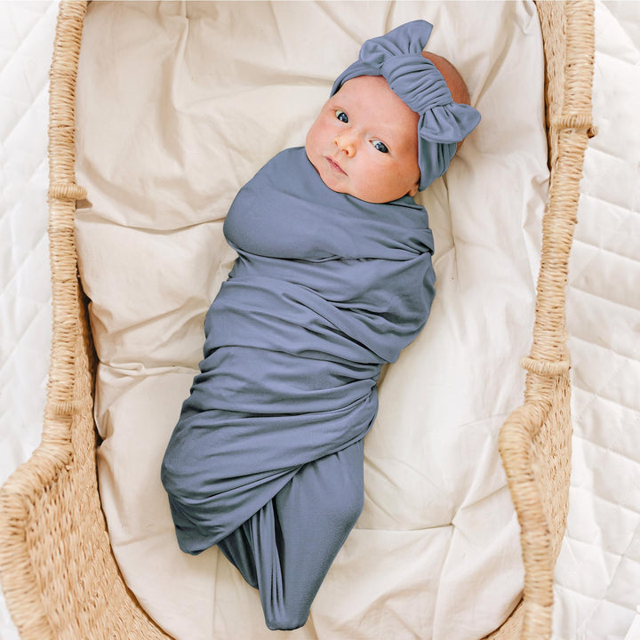 Konssy Newborn Swaddle Blanket with Beanie Hat Set, Baby Receiving Blanket - Blue - image 2