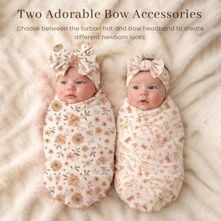 Konssy Baby Swaddle Blanket Set for Girl, 4-Piece Newborn Receiving Blanket/Soft & Stretchy, Matching Bow Hat, Headband and Wooden Sign, Floral & Solid, Newborn Photos and Birth Announcements