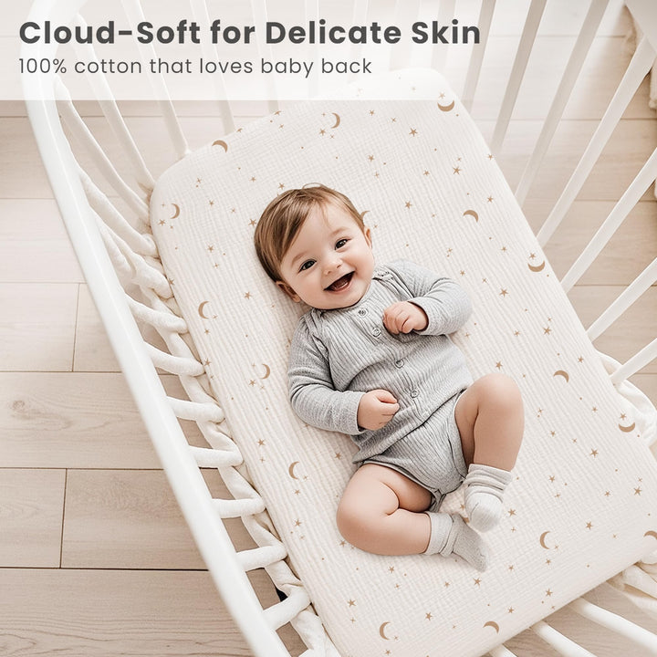 Konssy 2 Pack Muslin Bassinet Sheets for Baby Girls Boys, 33"x21" - Coffee Check,Moon - image 4