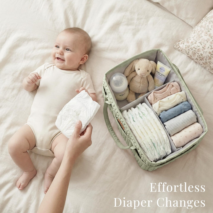Konssy Baby Diaper Caddy Organizer, Braided Quilted Design with PU Handles - Braided Sage - image 3