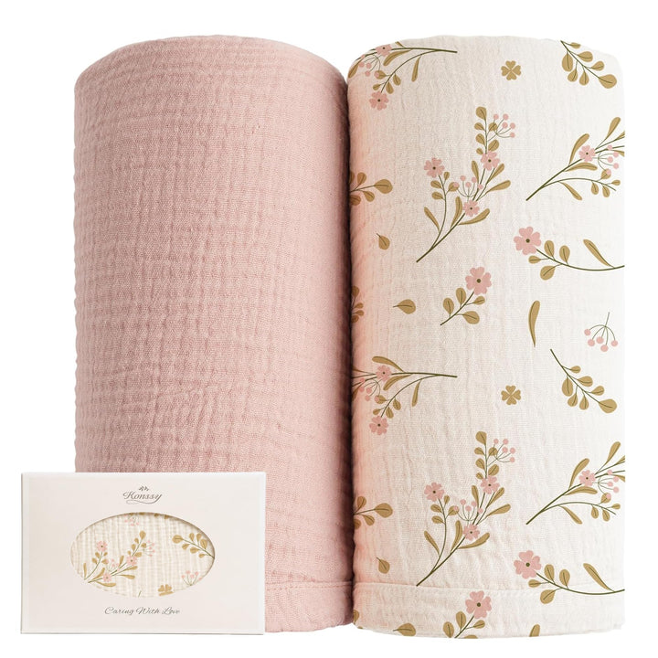 Konssy Muslin Swaddle Blankets, 100% Cotton Receiving Blankets, 47"x 47" - Floral,Pink - image 1