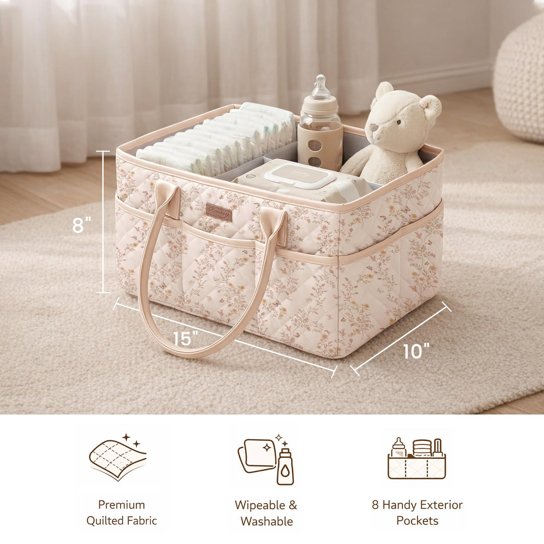 Konssy Baby Diaper Caddy Organizer, Floral Design with PU Leather Handles - Floral - image 6