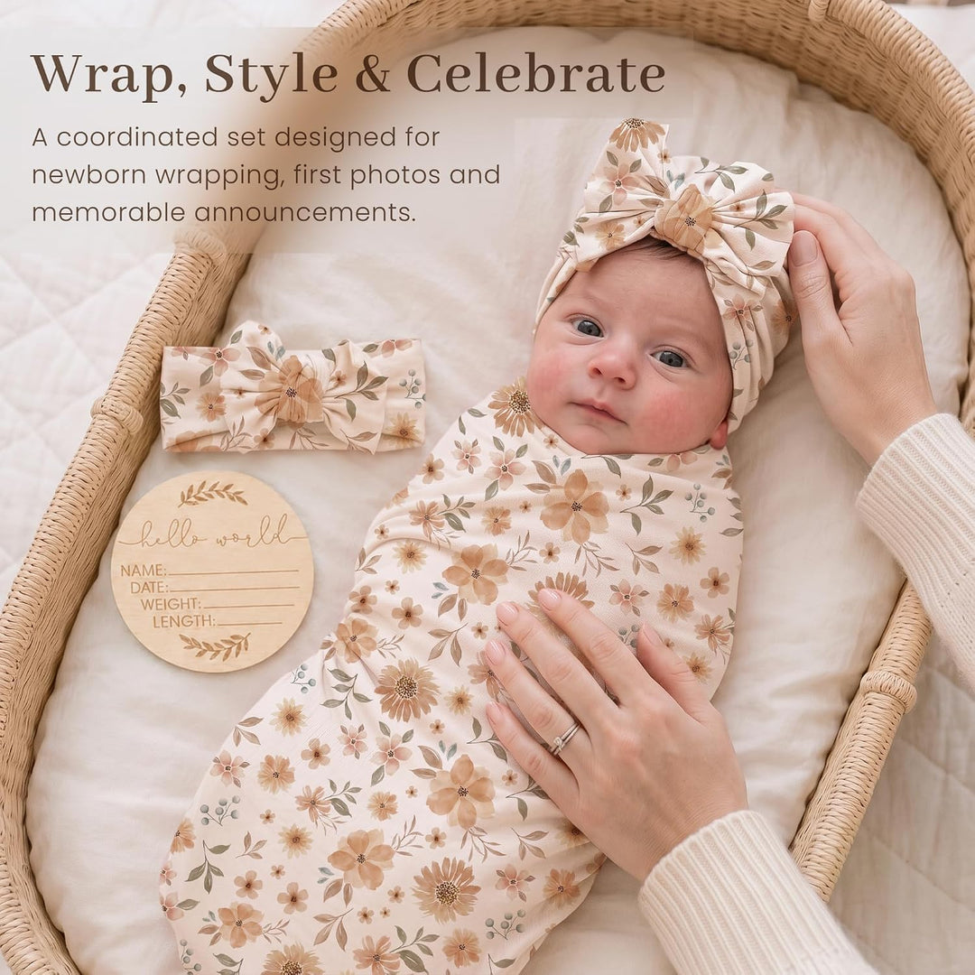 Konssy Baby Swaddle Blanket Set for Girl, 4-Piece Newborn Receiving Blanket/Soft & Stretchy, Matching Bow Hat, Headband and Wooden Sign, Floral & Solid, Newborn Photos and Birth Announcements
