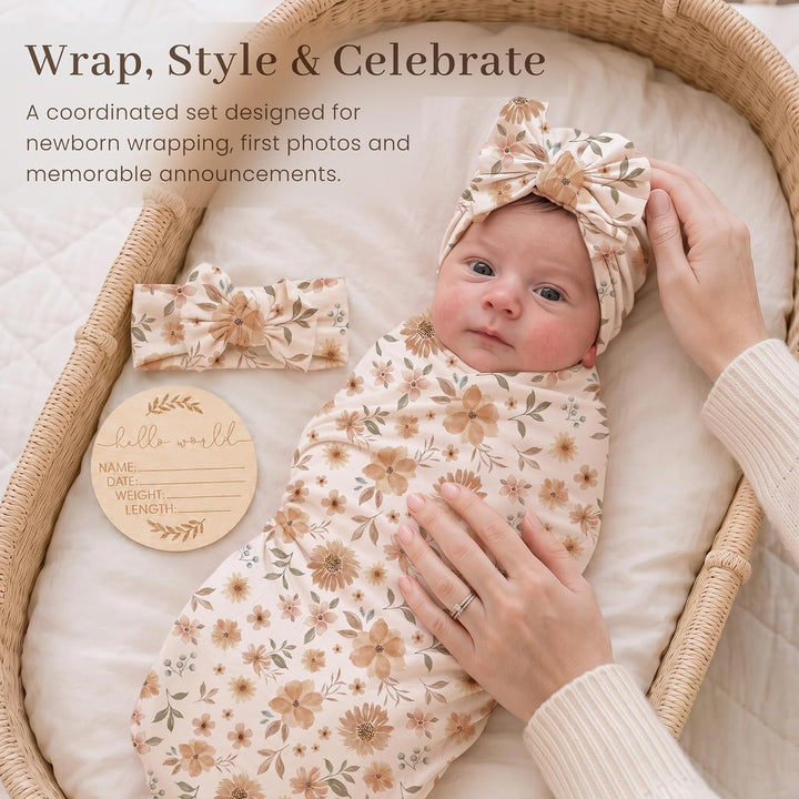 Konssy Baby Swaddle Blanket Set for Girl, 4-Piece Newborn Receiving Blanket/Soft & Stretchy, Matching Bow Hat, Headband and Wooden Sign, Floral & Solid, Newborn Photos and Birth Announcements