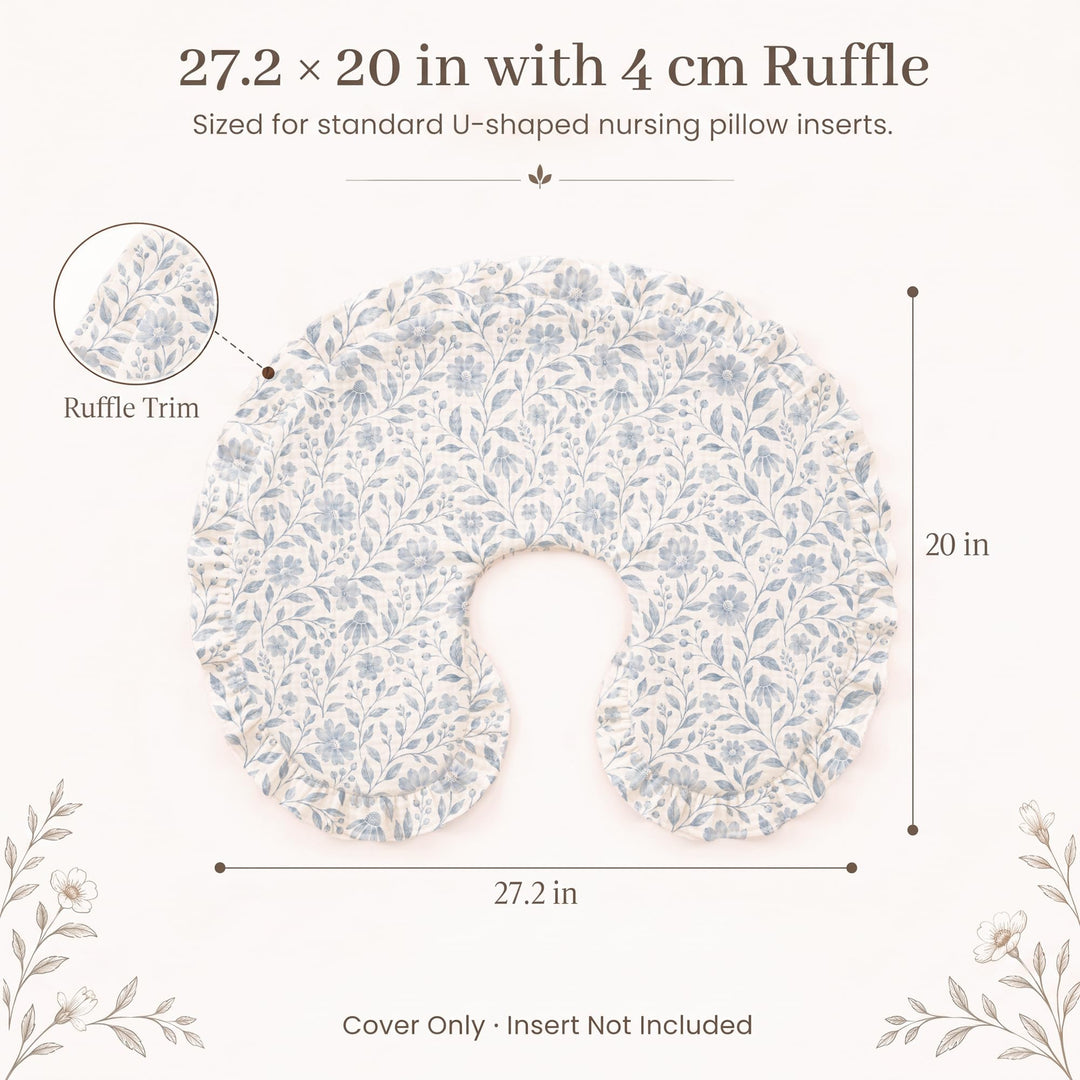 Konssy 100% Muslin Cotton Soft Nursing Pillow Cover with Ruffle Trim - Blue Flower - image 3