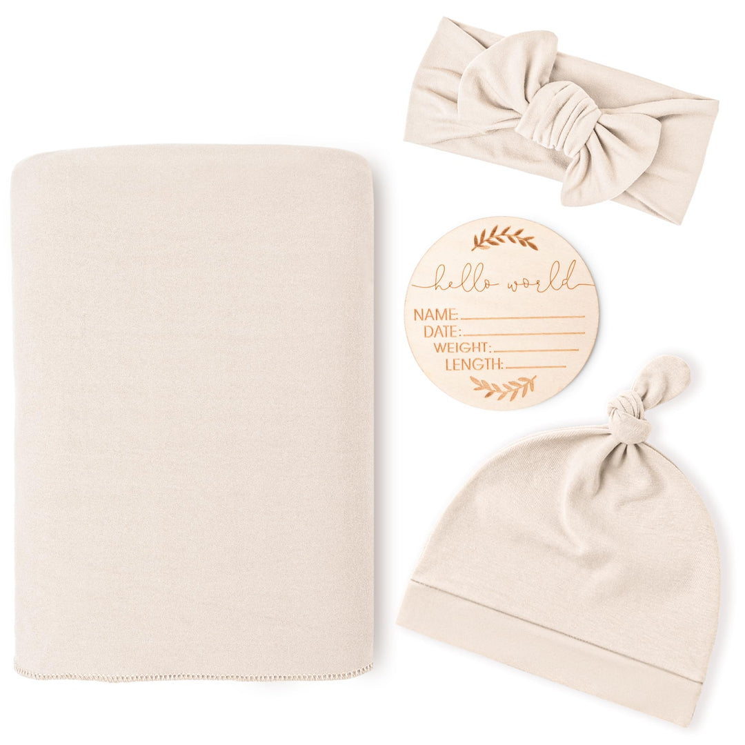 Konssy Newborn Swaddle Blanket with Beanie Hat Set, Baby Receiving Blanket - Beige - image 1