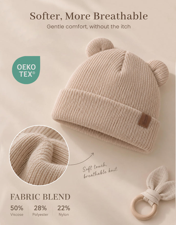 Konssy 4 Pack Baby Beanies with Bear Ear Winter Hat for Newborn 0-6 Months - Brown - image 2