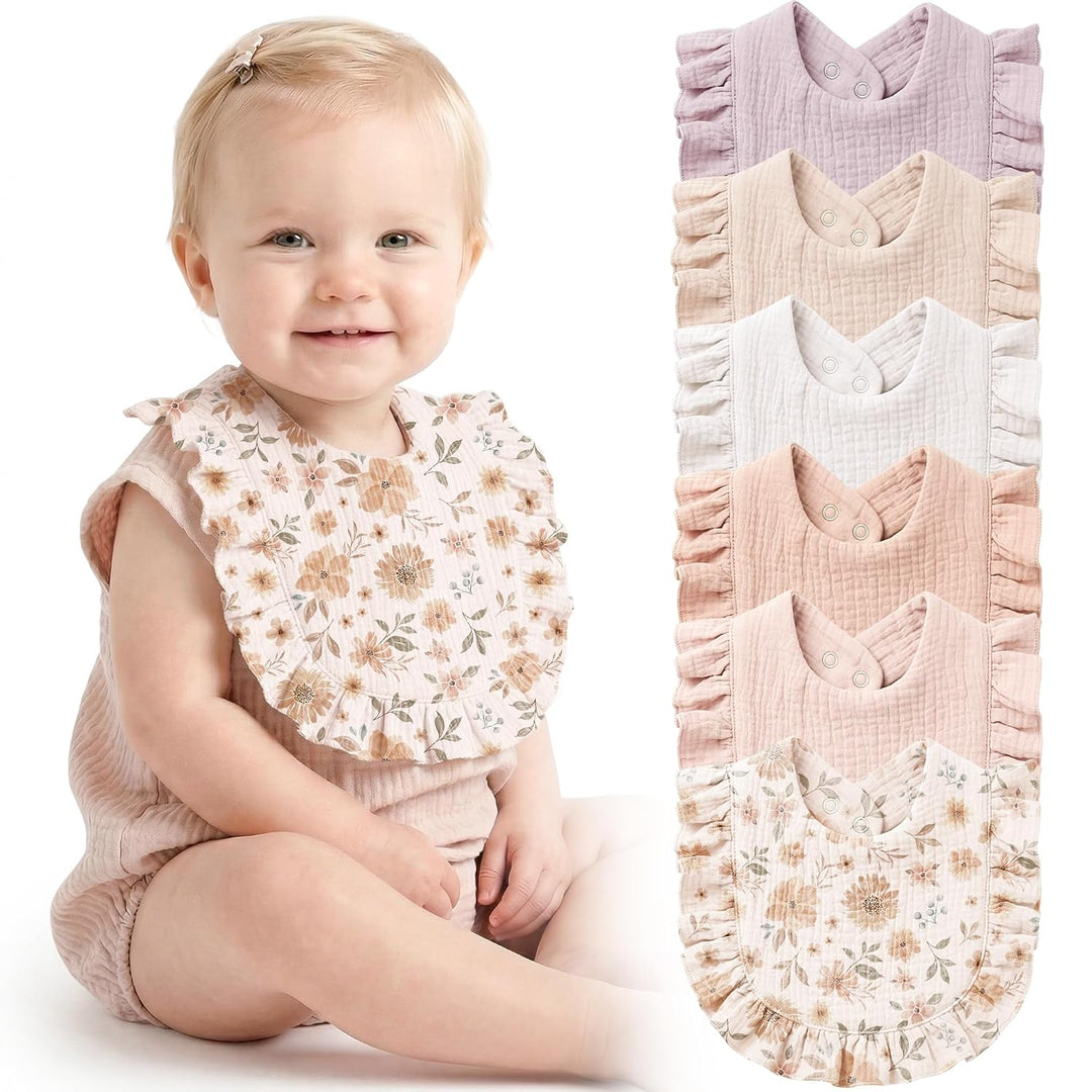 Konssy 6-Pack Muslin Baby Girl Bibs, 100% Soft Cotton Absorbent Drool Bibs 6-Layer Adjustable Bibs with Ruffle Trim for Drooling & Teething, Baby Girl Gifts for Newborn, Infant 0-36 Months