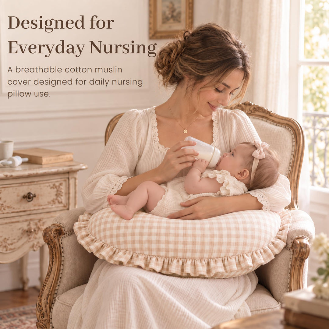 Konssy 100% Muslin Cotton Soft Nursing Pillow Cover with Ruffle Trim - Apricot Check - image 2