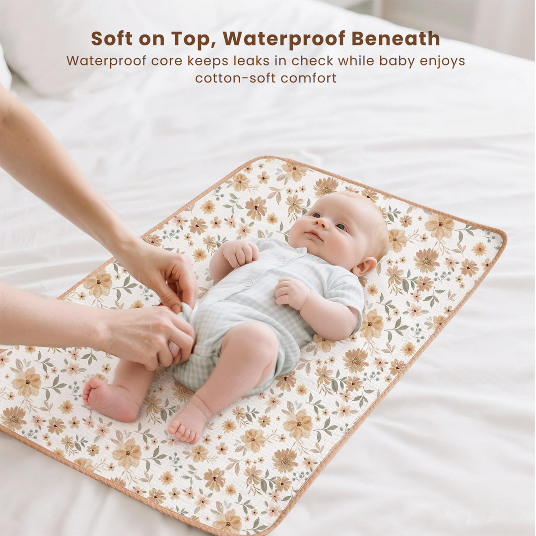 Konssy 2 Pack Waterproof Muslin Portable Changing Pad, Diaper Changing Mat - Toffee,Flourish - image 3