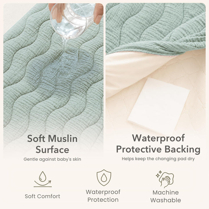 Konssy 2 Pack Quilted Muslin Changing Pad Cover, Waterproof Layer 32" x 16" - Pistachio - image 5