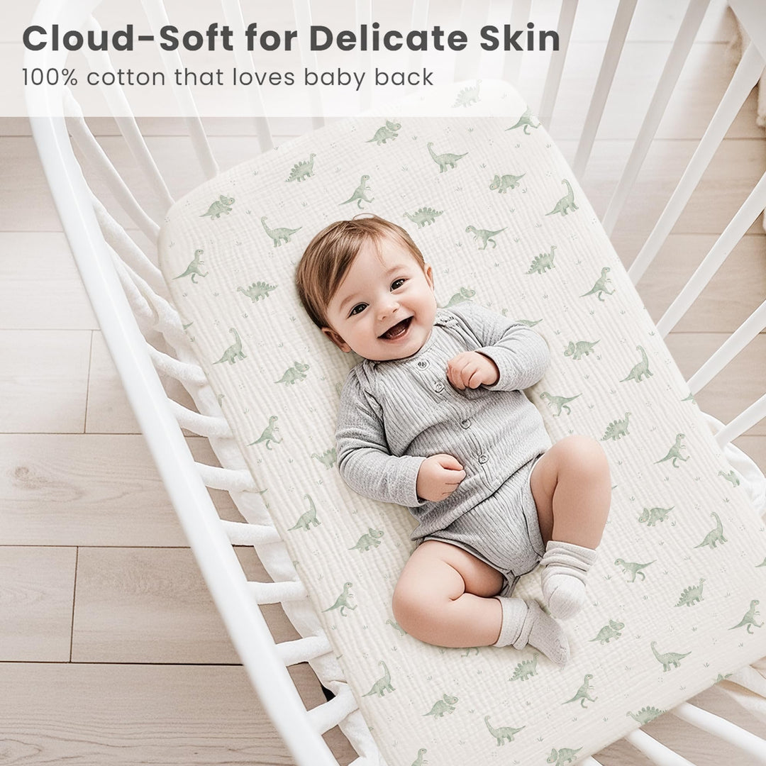 Konssy 2 Pack Muslin Bassinet Sheets for Baby Girls Boys, 33"x21" - Green Dino,Green Plaid - image 4