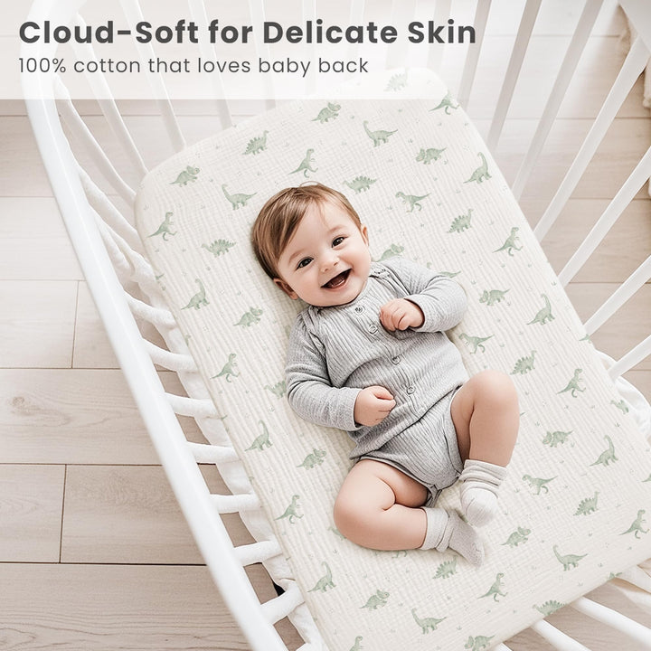 Konssy 2 Pack Muslin Bassinet Sheets for Baby Girls Boys, 33"x21" - Green Dino,Green Plaid - image 4