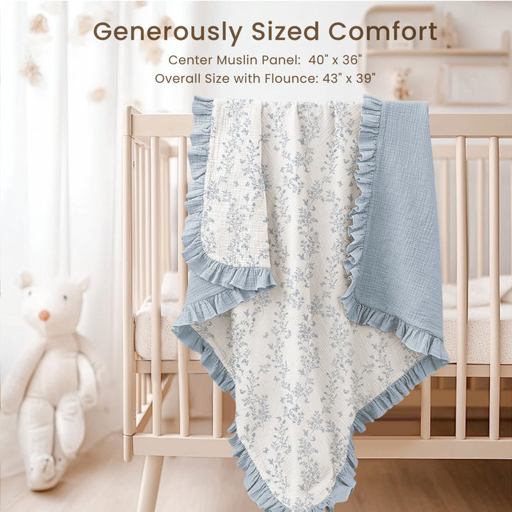 Konssy 100% Cotton Muslin Baby Blanket with Ruffle Trim for Girls, 43"x39" - Blue Garden - image 6