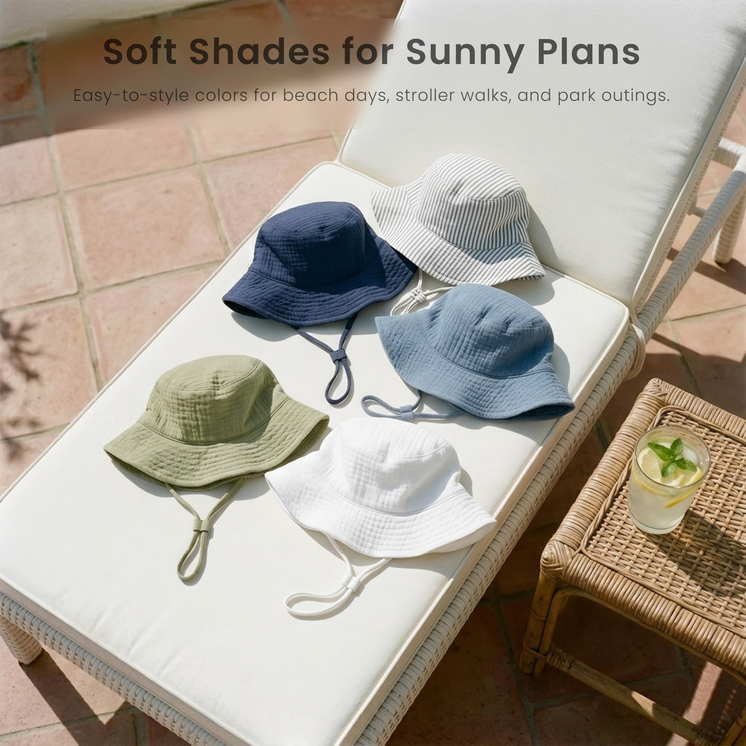 Konssy Muslin Baby Boy Sun Hat 2-Pack, Infant Sun Hat with Wide Brim, UPF 50+ Baby Beach Hat for 0-6 Months - Navy-grey stripe - image 7