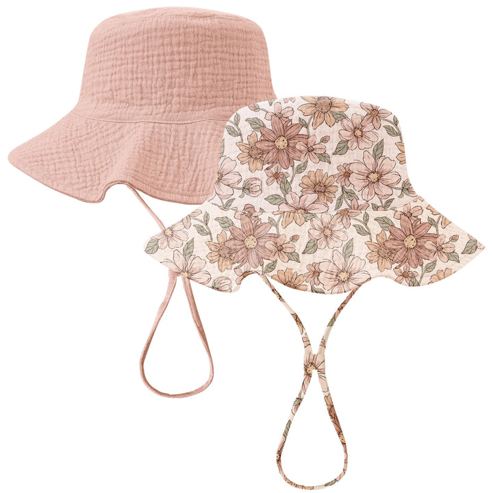 Konssy 2-Pack Muslin Baby Girl Sun Hats with Wide Brim, UPF 50+, 0-6& 6-12M - Vintage Petals-pink - image 1