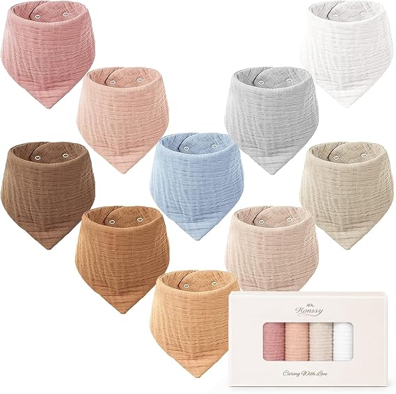 Konssy 10 Pack Baby Muslin Bandana Bibs for Drooling and Teething 100% Cotton, 6-Layer Bibs, Pre-Washed Soft & Absorbent, Adjustable Neck Fit, Boys & Girls 0-36M