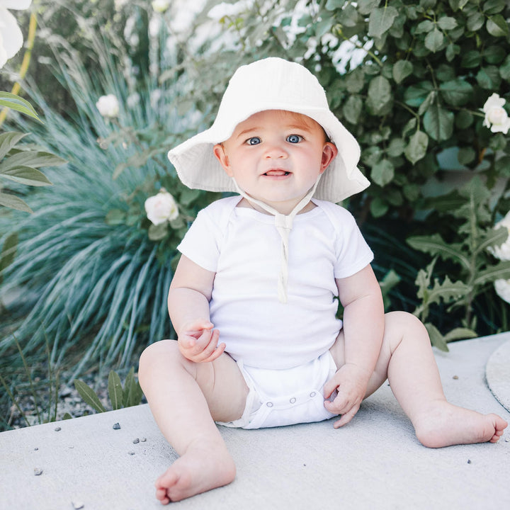 Konssy 2-Pack Muslin Baby Girl Sun Hats with Wide Brim, UPF 50+, 0-6& 6-12M - Blue-white - image 2
