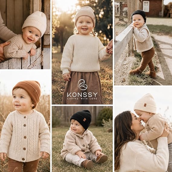 Konnsy 4 Pack Baby Beanie Warm Winter Hats for Newborn Infant Boys Girls | Cozy Double-Layer Knitted Warm Cap, Extra-Soft, Stretch Beanies Without Tight Marks, Multicolor set, Baby Beanies 0-6 Months