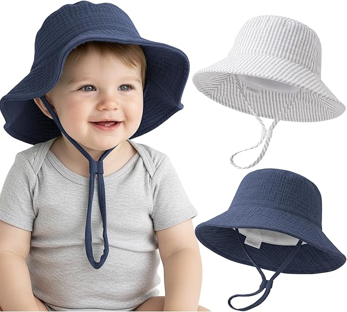 Konssy Muslin Baby Boy Sun Hat 2-Pack, Infant Sun Hat with Wide Brim, UPF 50+ Baby Beach Hat for 0-6 Months