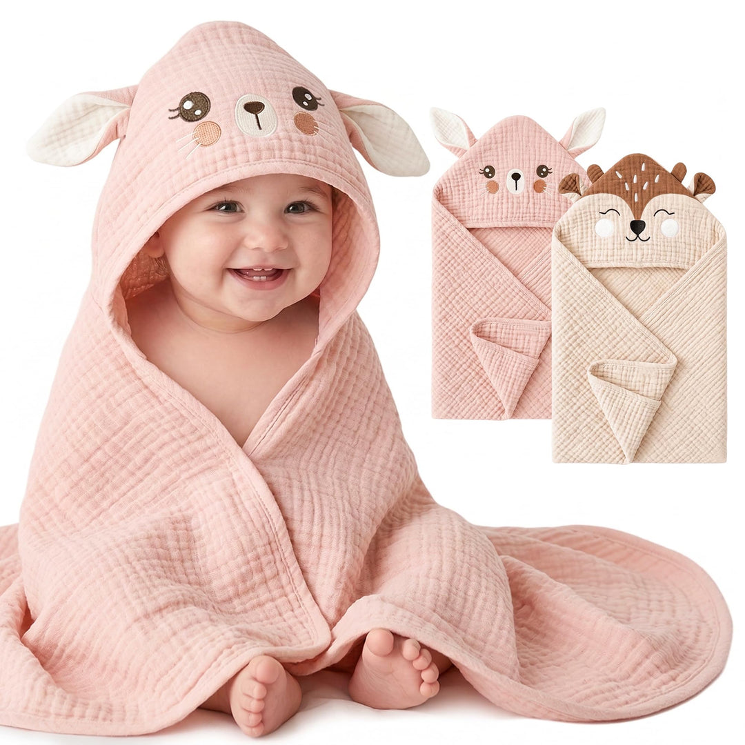 Konssy 2-Pack Muslin Baby Hooded Towels, 100% Cotton, Soft and Absorbent Baby Bath Towels for Newborn, Infant & Toddler with Animal Hooded Design(Elephant & Bear)