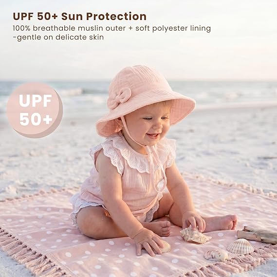 Konssy Muslin Baby Sun Hat 2-Pack, UPF 50+ Sun Protection Wide Brim Summer Beach Hat, Bucket Hat for Girls and Boys
