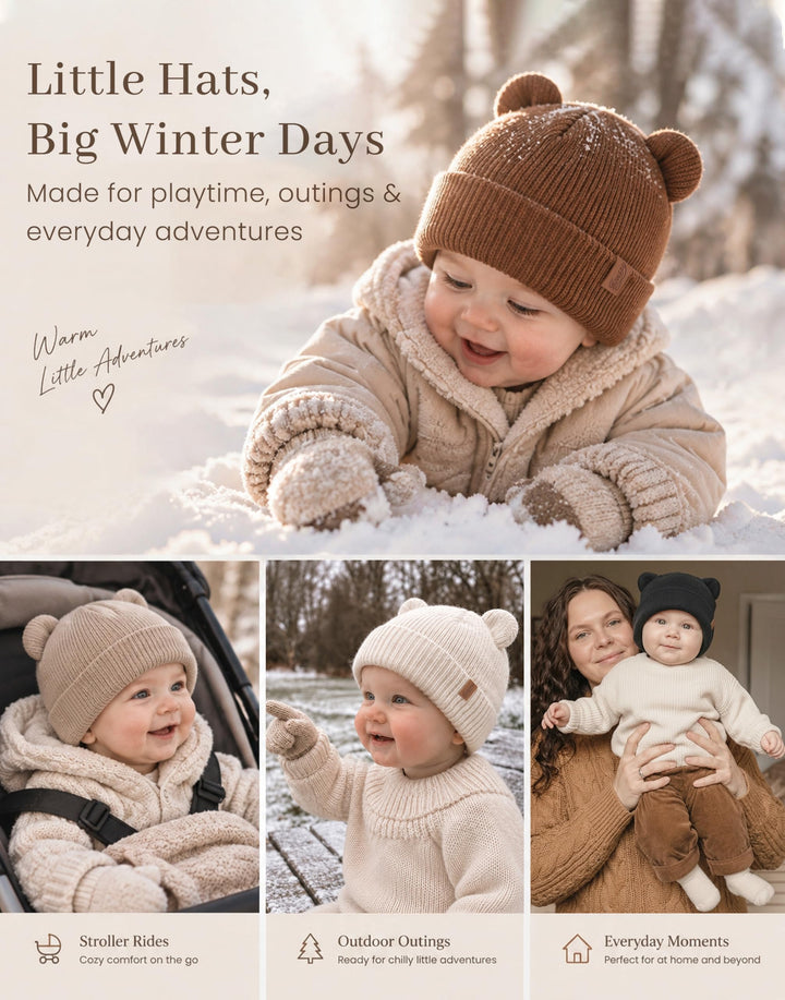 Konssy 4 Pack Baby Beanies with Bear Ear Winter Hat for Newborn 0-6 Months - Brown - image 3
