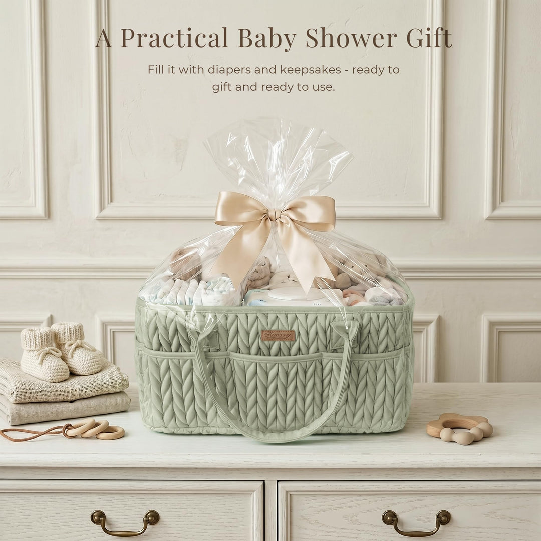 Konssy Baby Diaper Caddy Organizer, Braided Quilted Design with PU Handles - Braided Sage - image 7