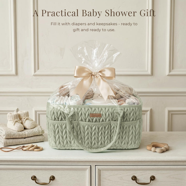 Konssy Baby Diaper Caddy Organizer, Braided Quilted Design with PU Handles - Braided Sage - image 7