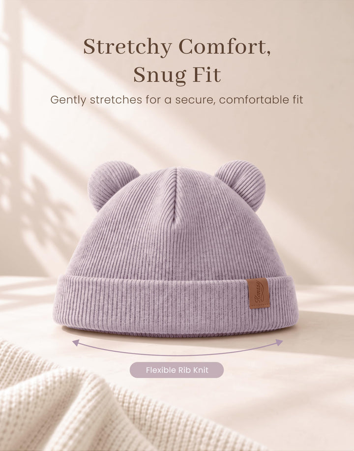 Konssy 4 Pack Baby Beanies with Bear Ear Winter Hat for Newborn 0-6 Months - Purple - image 9