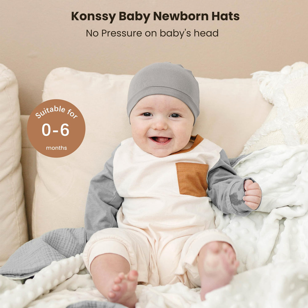 Konssy 6 Pack Baby Newborn Hats, Soft Beanie Hat for Infant Boys Girls 0-6M - Grey - image 2