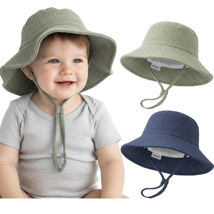 Konssy Muslin Baby Boy Sun Hat 2-Pack, Infant Sun Hat with Wide Brim, UPF 50+ Baby Beach Hat for 0-6 Months - Navy-fog green - image 1