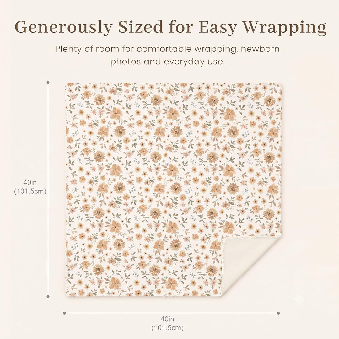 Konssy Baby Swaddle Blanket Set for Girl, 4-Piece Newborn Receiving Blanket/Soft & Stretchy, Matching Bow Hat, Headband and Wooden Sign, Floral & Solid, Newborn Photos and Birth Announcements