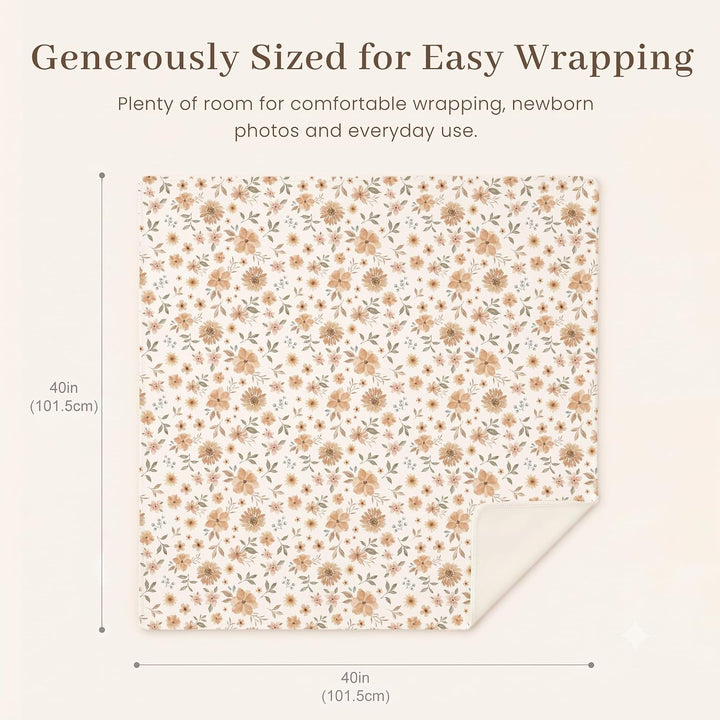 Konssy Baby Swaddle Blanket Set for Girl, 4-Piece Newborn Receiving Blanket/Soft & Stretchy, Matching Bow Hat, Headband and Wooden Sign, Floral & Solid, Newborn Photos and Birth Announcements