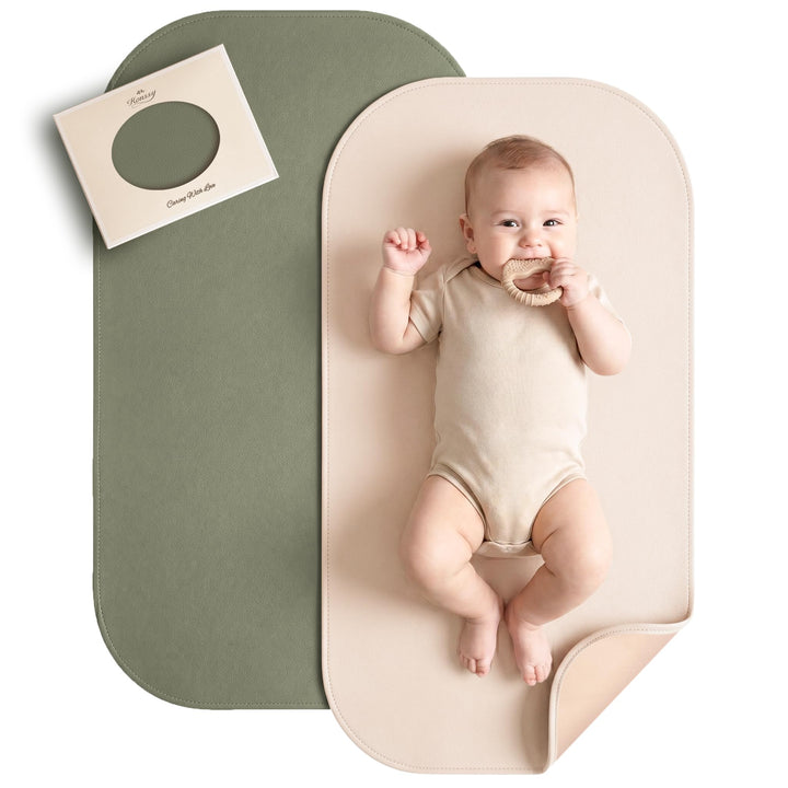 Konssy Faux Leather Baby Changing Mat 2 Pack, Oval, 30"x17" - Fog Green,Beige - image 1