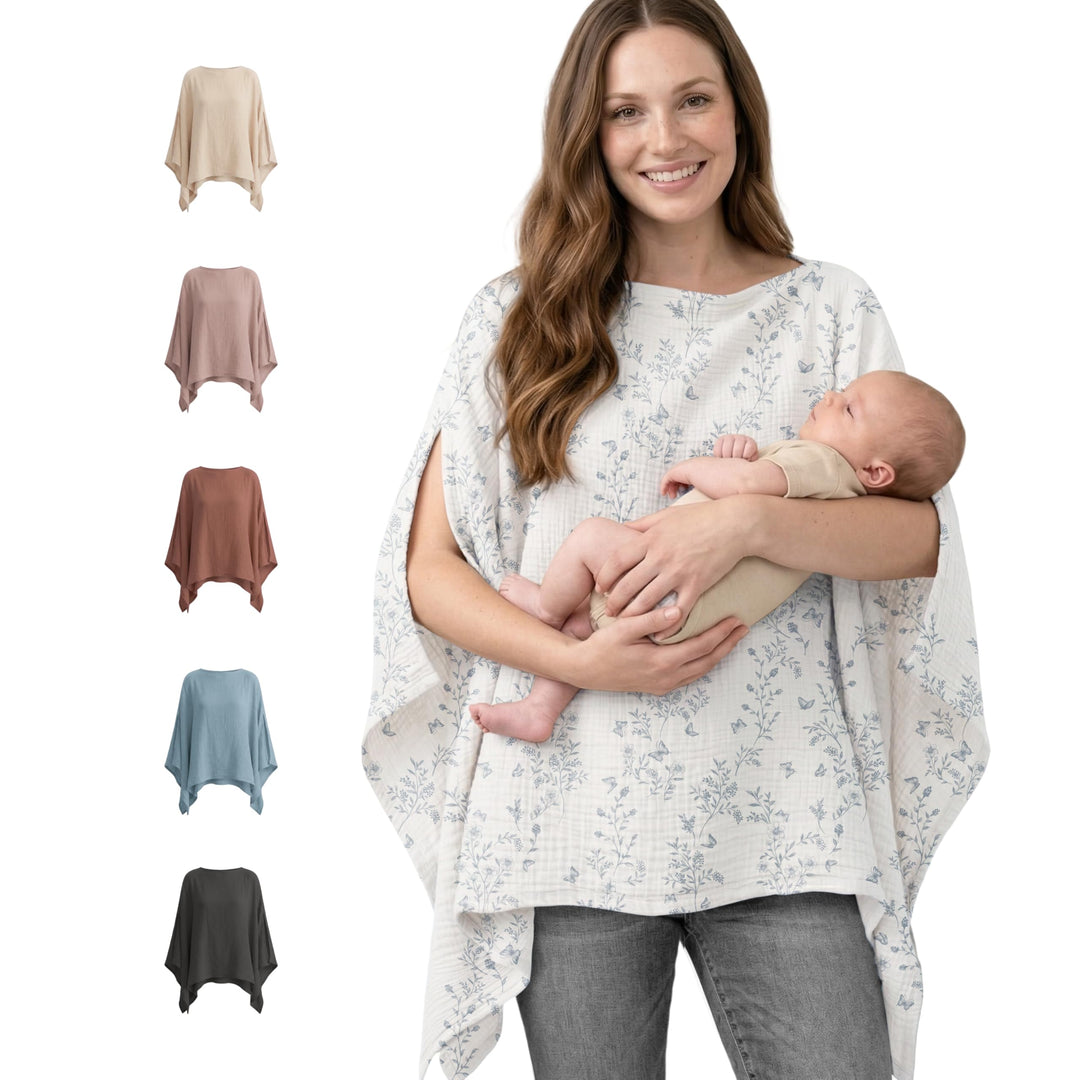 Konssy Muslin Nursing Cover for Women, 360° Full Privacy Poncho - Blue Sprig - image 1