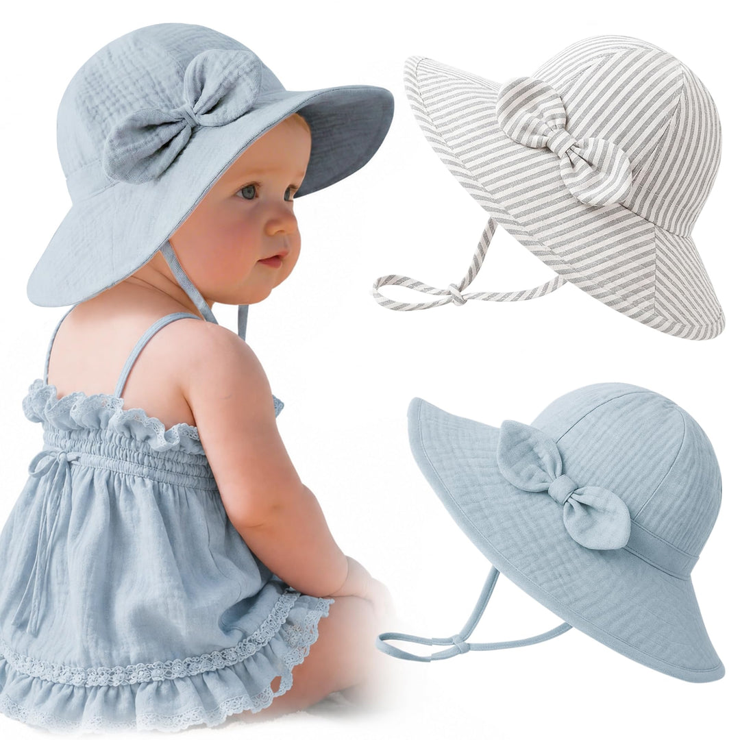 Konssy 2-Pack Muslin Baby Sun Hats for Girls with Bows, UPF 50+ - Grey Stripe Blue - image 1