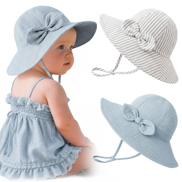 Konssy 2-Pack Muslin Baby Sun Hats for Girls with Bows, UPF 50+ - Grey Stripe Blue - image 1